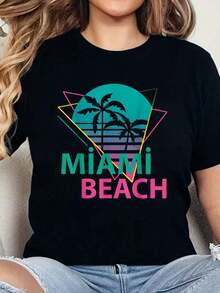 Womens Clothing Miami Beach Florida Proud Floridian Retro Palms Trees Print T-Shirt Casual Crew Neck Short Sleeve Comfor - 黑色 - 查看 1