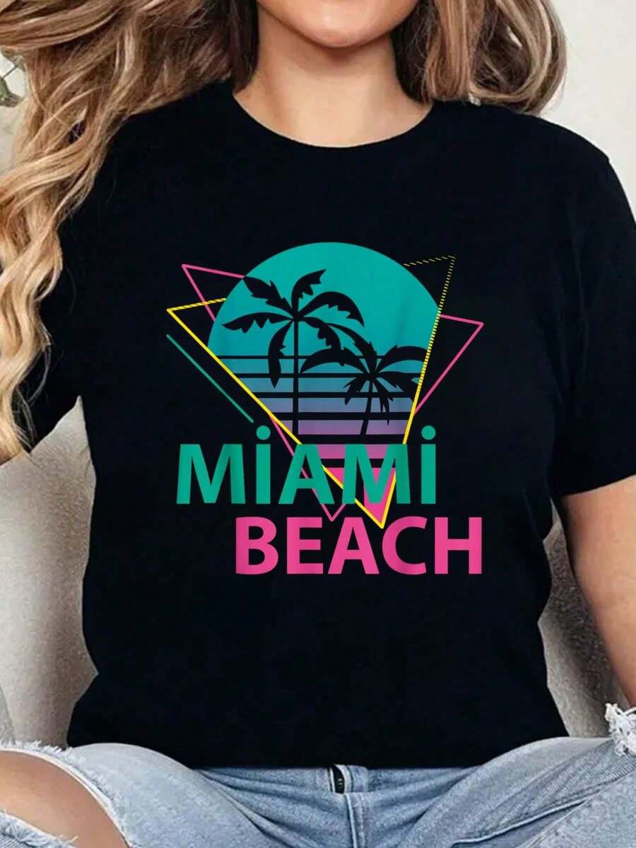 Womens Clothing Miami Beach Florida Proud Floridian Retro Palms Trees Print T-Shirt Casual Crew Neck Short Sleeve Comfor - 黑色 - 查看 1