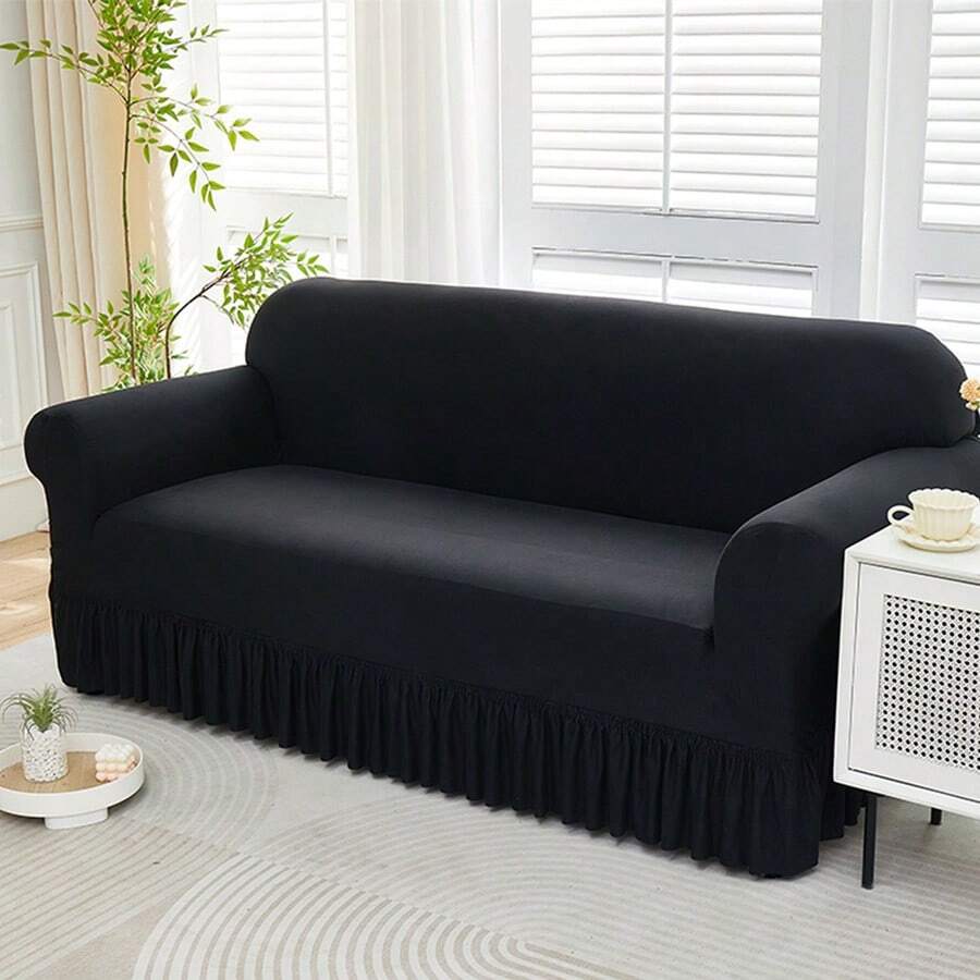 1pc Solid Black Stretch Skirt Style Sofa Cover, Black Sofa Dust Cover For 1/2/3/4 Seater Sofa, Soft Fabric Suitable For Living Room, Bedroom, Study - Black - View 1