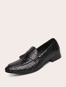 Men Lychee Grain Embossed Tassel Decor Dress Shoes, Vintage Brown Dress Loafers For Wedding - 黑色 - 查看 3
