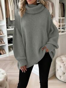 New Women's Casual Fashionable Minimalist Solid Color Knitted Turtleneck Sweater, Autumn/Winter - Grey - View 3