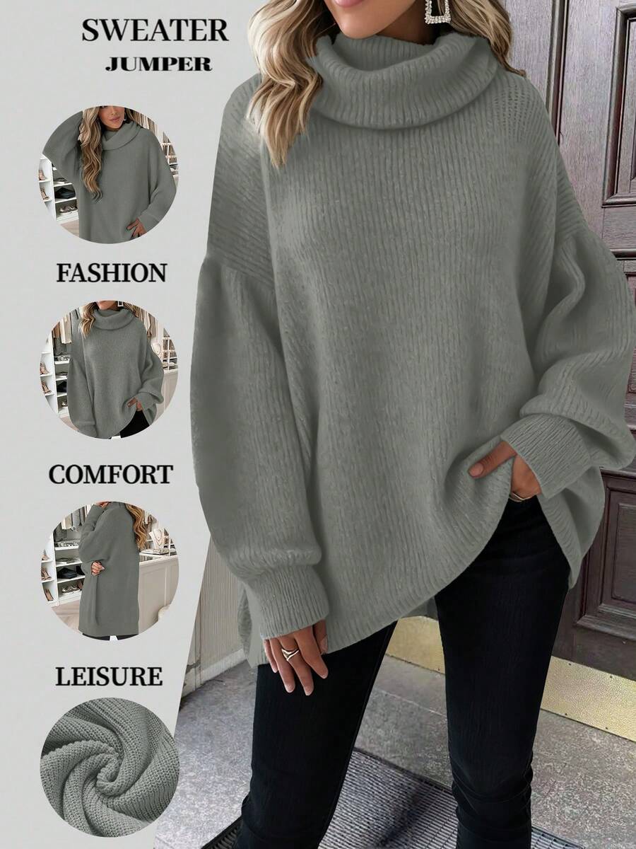 New Women's Casual Fashionable Minimalist Solid Color Knitted Turtleneck Sweater, Autumn/Winter - Grey - View 1