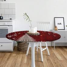 Christmas Round Fitted Tablecloth With Elastic Edge Holiday Decor Xmas Fitted Circle Table Cover Wipeable Round Table Cloths For Kitchen Patio Parties Outdoor Dining Decor (Fit For 40\-44\ Tables),42inch(Round),A02--Christmas2 - A02--christmas2 - View 8