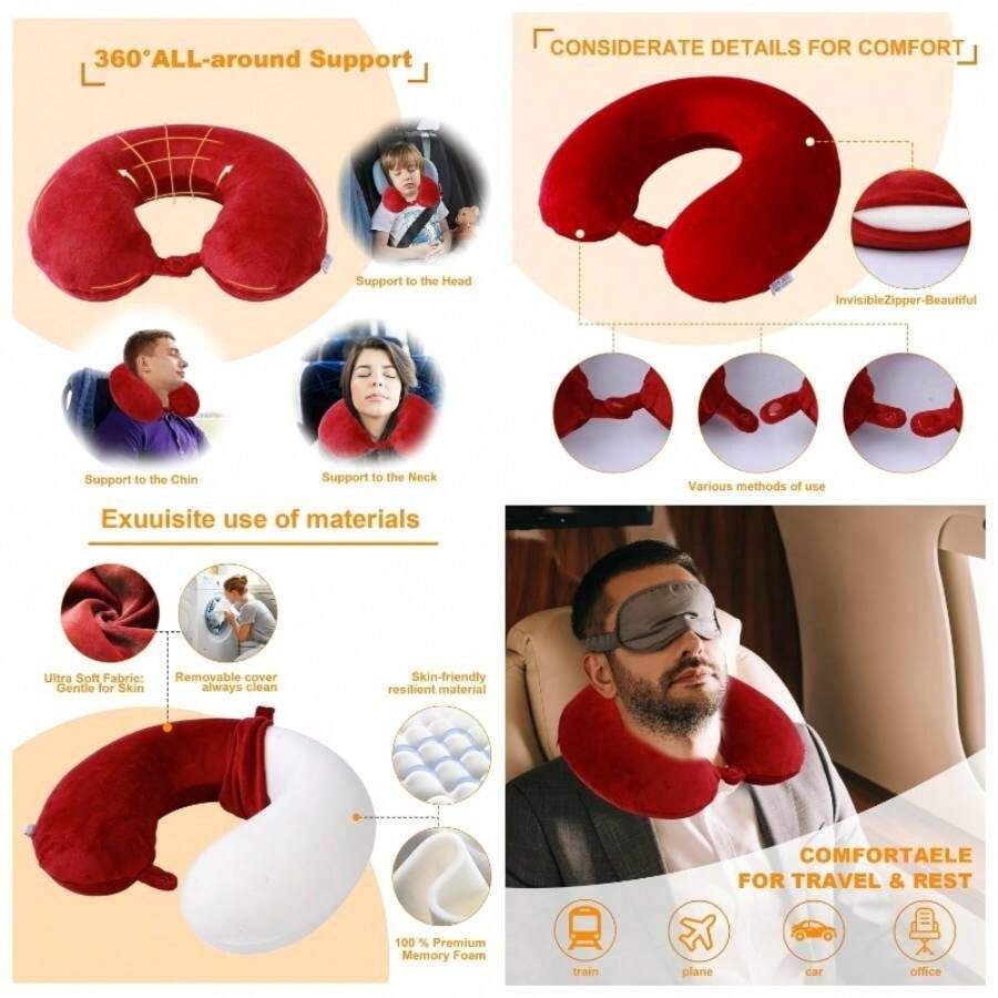 Travel Pillow, Foam U Shaped Neck Pillow, Lightweight Portable Headrest Great Airplane, Car, Home, Office, Sleeping Rest - Rượu vang đỏ - Xem 1