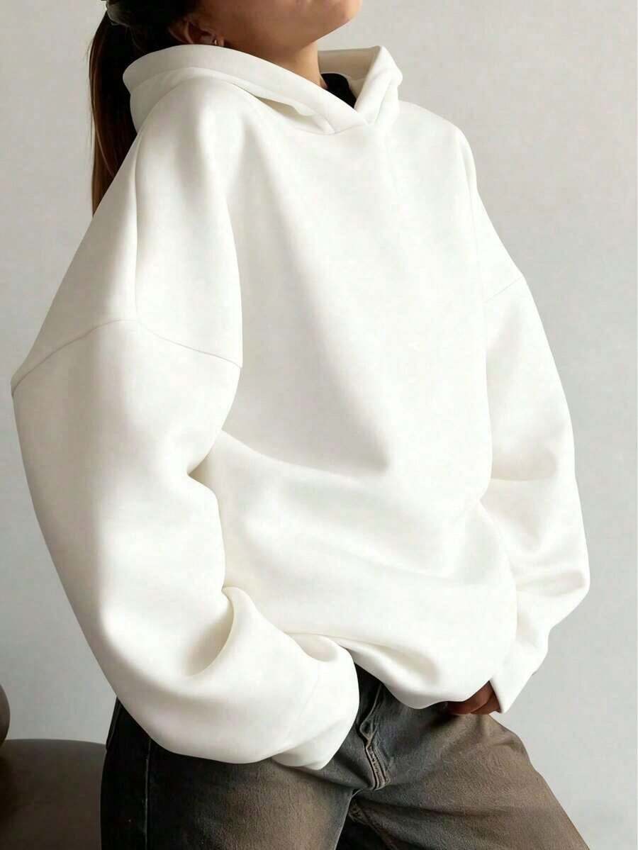 Minimalist Design Women Loose Fit Long Sleeve Pullover Hoodie, Suitable Autumn, Winter, Spring, Halloween Costume, Casual Outerwear, Black, Fashion, Women Sweatshirt - 白色 - 查看 1
