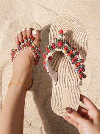 Joyería decorativa con borlas de estilo bohemio hecha a mano, rubí artificial de moda, símbolos de la suerte, sandalias de mujer con diseño de paja de estilo plano y casual multicolor, con suela superior grabada y suave, y suela antideslizante, adecuadas para playas, vacaciones, viajes y uso diario...