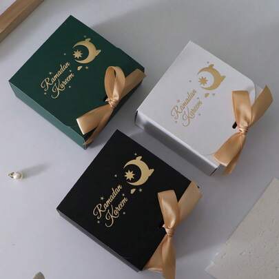 5个黑白斋月节礼盒，金色缎带蝴蝶结装饰纸质包装盒，适用于斋月穆斯林节日糖果零食小礼物收纳