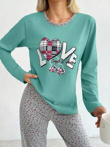 100% Cotton 2Pcs Eye&Heart Printed PJ Set - Mint Green - View 3