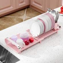 Expandable Dish Drying Rack Adjustable Length 11.2''-19.8'' With Free Cutlery Holder, 2.5 °   Inclined Fast Drain Dish Rack, Rustproof Stainless Steel Plate Cup Bowl Organizer For Kitchen Counter Sink - Pink - View 2