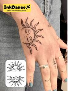 1 Set "Sun Face" Revolutionary Technology Tattoo Stickers, Semi-Permanent Tattoos, Temporary Tattoos, Long-Lasting, Unisex, Waterproof, Realistic Tattoo Effect, Plant-Based, Y2K, X136 - Black - View 2
