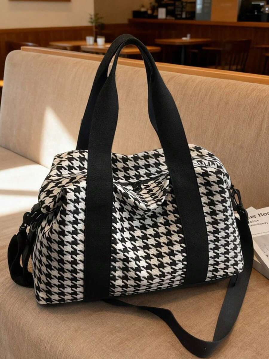 Women's Fashion Black & White Houndstooth Functional Backpack - Black and White - View 1