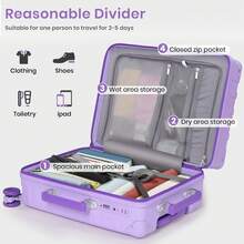 20 Inch Carry On Suitcase, Lightweight PC Hard Shell Travel Luggage Cabin Suitcase With Wheels & TSA Lock - Purple - Purple + Dark Purple - View 6