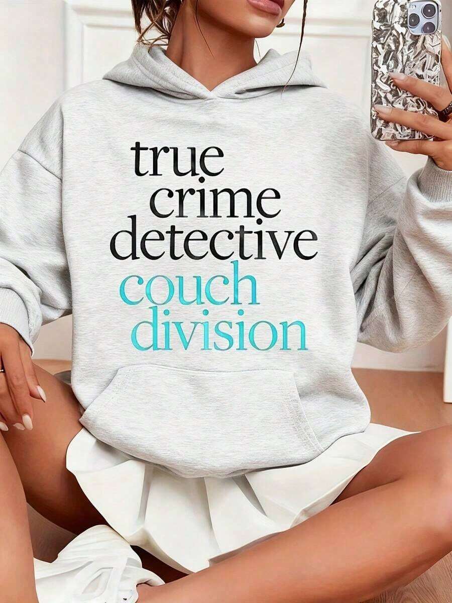 1Pc  True Crime Detective Couch Division Hoodie Women Casual Sweatshirt Funny Statement Graphic Pullover Comfortable  Top For Home Relaxation And Everyday Wear, Suitable As A Gift For Friends During Major Holidays Such As Christmas. Y2K Aesthetic Hoodie - Slim Fit Ribbed Cuff Pullover Retro 90s Vintage Wash Hooded Sweatshirt - Loose Fit Women's Hoodie - Màu Xám nhạt - Xem 1