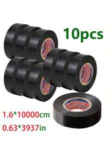 10pcs Black PVC Electrical Tape - High Adhesive, Heat Resistant, Waterproof, Suitable For Wiring, Racket Grip And Household Use - Insulating Flame Retardant Tape - Size 0.63x3937 Inch, 1.6x10000 Cm, Essential For Home Improvement | Decorative Tape | Adhesive