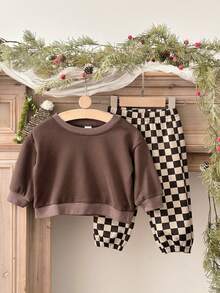 2pcs/Set Baby Boy Casual Solid Color Crew Neck Long Sleeve Sweatshirt And Checkerboard Long Pants, Spring/Autumn - Brown - View 3