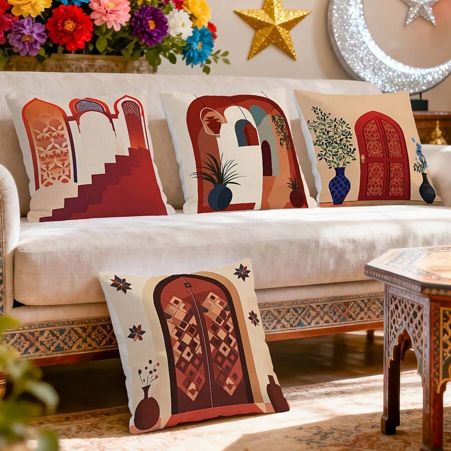 Bộ 4 vỏ gối trang trí họa tiết kiến trúc Hồi giáo và hoa văn, in một mặt, phù hợp cho phòng khách, phòng ngủ, trang trí nhà cửa, sử dụng được quanh năm - Không bao gồm ruột gối. - Nhiều màu - Xem 1