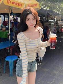 Sexy Casual Striped Long Sleeve Knit Sweater For Women, Slim Fit Cropped Pullover Top, Autumn