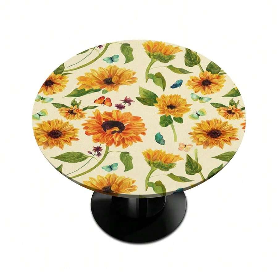 Flower Sunflower Round Tablecloth With Elastic Floral Fitted Round Table Cover Wipeable Circle Outdoor Table Cloths For Parties Dining Kitchen Decor Tablecloth Fit For 40\-44\ Tables,42inch(Round),E:Sunflower - E:sunflower - View 1