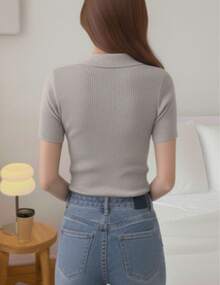 Women's Polo Shirt, Short Sleeve Knit, Casual Fashion, Knit T-Shirts - Xám - Xem 2