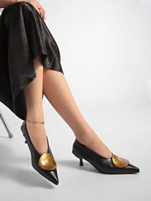 French Strap Buckle Mid-Heel Mary Jane Shoes, Women's Pointed Toe Thin Heels Pumps,Mules - Black - View 3