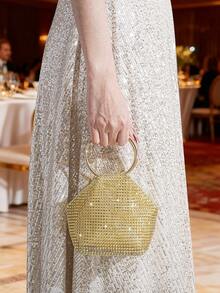 Sac à main décoré de strass, pochette de soirée de forme unique, sac à main élégant avec poignée ronde, sac pour femme de style européen et américain à la mode - Doré - Voir 2