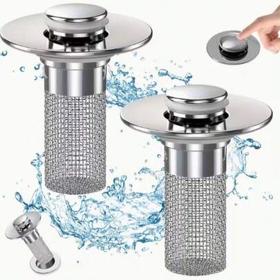 2-Pack Stainless Steel Pop-Up Sink Drain Strainer With Removable Basket - Fit Bathtub/Shower Sink Drain Cover, Clog-Preventing Hair Catcher, Easy Replacement Stopper For Clog Removal