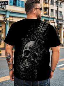 Plus Size Men Skull Head Graphic Crew Neck T-Shirt, Summer Casual Rock Print Plus Size Black Short Sleeve Tee, & Personalized Daily Sporty Top - Multicolor - View 4