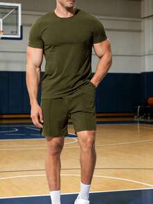 Men's Short Sleeve Sports Set Quick Dry Gym Workout 2 Piece T - Shirt & Shorts Stretchy Tracksuit,Men's 2 Piece Athletic Set Short Sleeve Moisture - Wicking Gym Shorts Breathable Running Tracksuit,Men's Casual Streetwear 2 Piece Set Short Sleeve T - Shirt & Shorts Stretchy Athletic Tracksuit - 軍綠色 - 查看 8