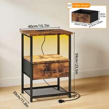 Tomnk 2pcs Modern LED Bedside Table With Charging Station & Fabric Storage Drawers, PU Finish Nightstand For Bedroom - 美規B型插(110-127V) - 查看 3