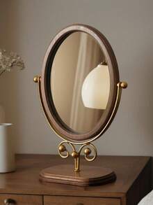 Vintage Bedroom Vanity Mirror, Solid Wood Makeup Mirror, Tabletop Wooden Chinese Style Rotating Dressing Mirror - Walnut Wood Color - View 3