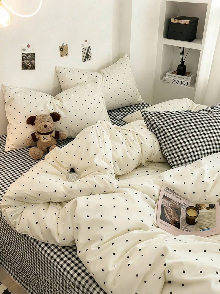 4pcs Black & White Polka Dot Plaid Duvet Cover Set, Minimalist, Comfortable, Synthetic Fiber, Machine Washable (1 Duvet Cover + 1 Flat Sheet + 2 Pillowcases, Comforter & Pillow Insert Not Included) - 黑與白 - 查看 1