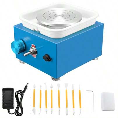 Blue Mini Pottery Wheel - 2000RPM Adjustable Speed Turntable With 10/6.5cm Plates & Shaping Tools (For Tennagers, Pottery DIY Shops & Teaching)