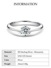 XUJIA 1枚0.5克拉莫桑石戒指，女士款式，D色，VVS1净度，5毫米圆形，完美切割，925纯银经典六爪镶嵌，银婚纪念戒指，结婚珠宝礼物