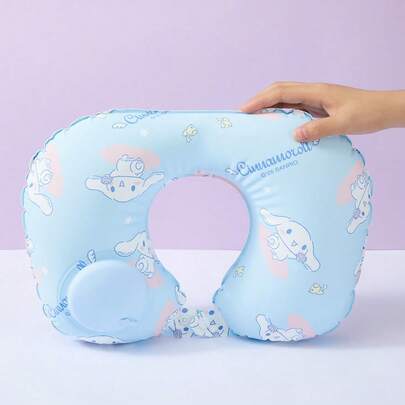Miniso Family Series Printed Portable Inflatable U Pillow -  Light Blue Cute Pattern Foldable Inflatable Design Soft PVC Material Travel Neck Support Pillow(1 PC)