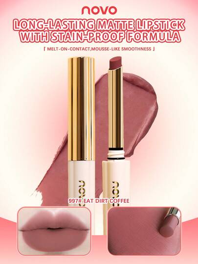NOVO Rouge à lèvres mat imperméable, résistant à la transpiration et longue tenue, avec une pigmentation élevée. Gloss pour les lèvres dans une nuance rouge-brun flatteuse pour l'automne/l'hiver. Convient pour le maquillage quotidien, le Nouvel An, Noël, les cadeaux, les fêtes, les débutants, les étudiants.