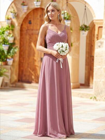 EVERPRETTY Spring Chiffon Spaghetti Strap Backless Pleated Pink Bridesmaid Dress, Elegant Wedding Guest Dress