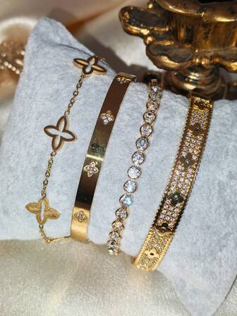 1/4 piezas Pulsera de acero inoxidable de lujo con broche de trébol y hexagrama, emparejada con pulsera de trébol de cobre con circonita cúbica elegante y pulsera de aleación con diamante redondo, adecuada para uso diario de mujeres, regalo de vacaciones