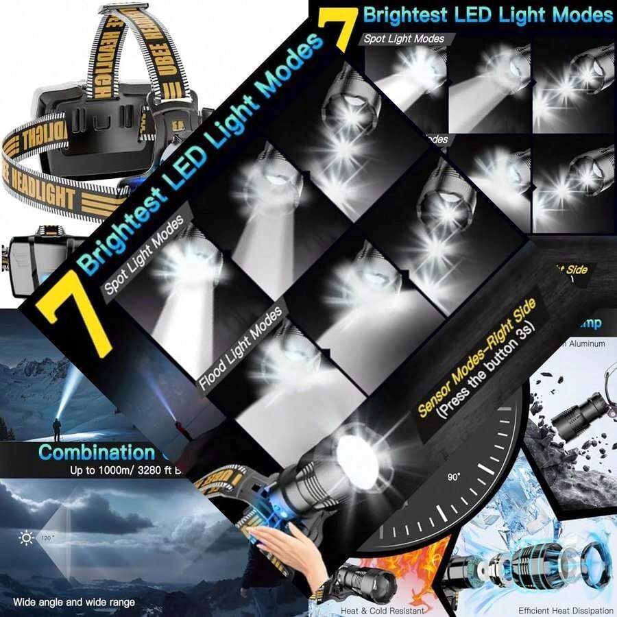 Lámpara de cabeza recargable para acampar, superbrillante con 7 modos, faro IP68 impermeable y ajustable - Negro - - Ver 1