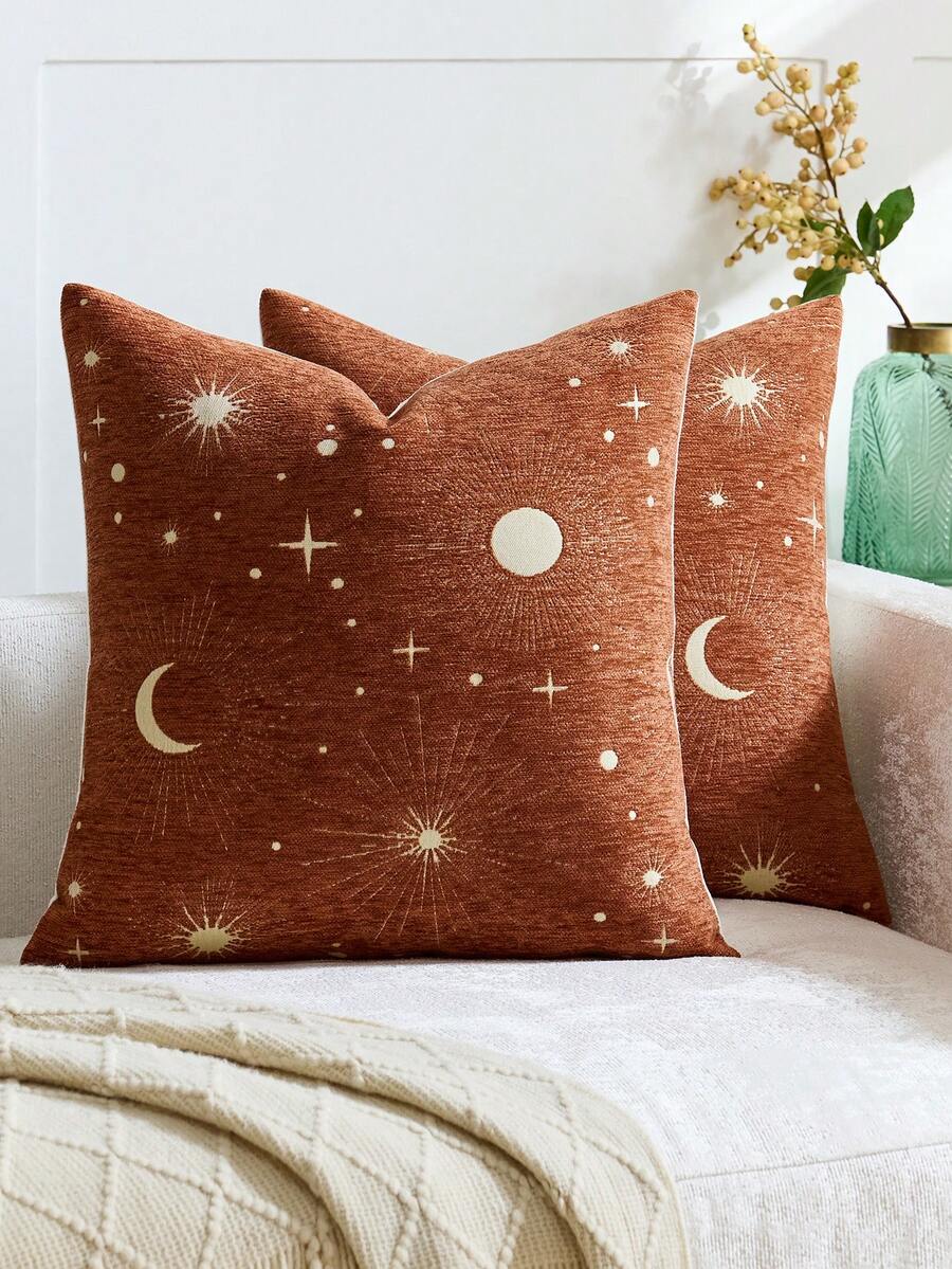 1 件锈红色（不含枕芯）星月图案抱枕套，现代舒适雪尼尔+金线提花面料，斋月节日装饰抱枕套，适合日常家居装饰、沙发、床、卧室、斋月节日装饰，四季皆宜 - Rust - 查看 1