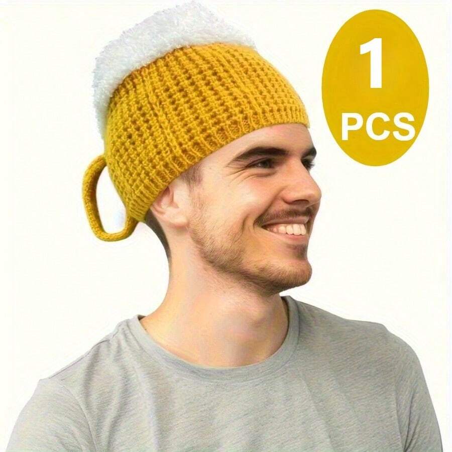 1顶趣味啤酒杯帽 - 弹力秋冬男女通用啤酒帽，轻便保暖，适合户外佩戴，趣味啤酒花设计，适合万圣节、圣诞节、新年、啤酒派对、生日派对、单身派对、各种活动