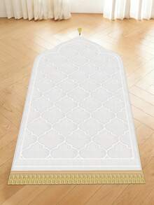 1 pieza Alfombra de oración musulmana de franela blanca, alfombra de oración Mecca con esponja gruesa y suave, con diseño en relieve clásico, decoración del hogar para Ramadán - Blanco - Ver 2