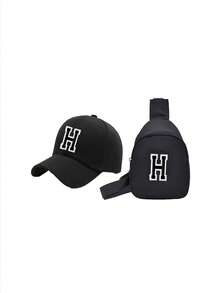2件組兒童棒球帽字母印花卡車帽與胸包套組，迷你零錢包，適合男孩女孩返校日常穿著與活動 - 黑色 - 查看 8