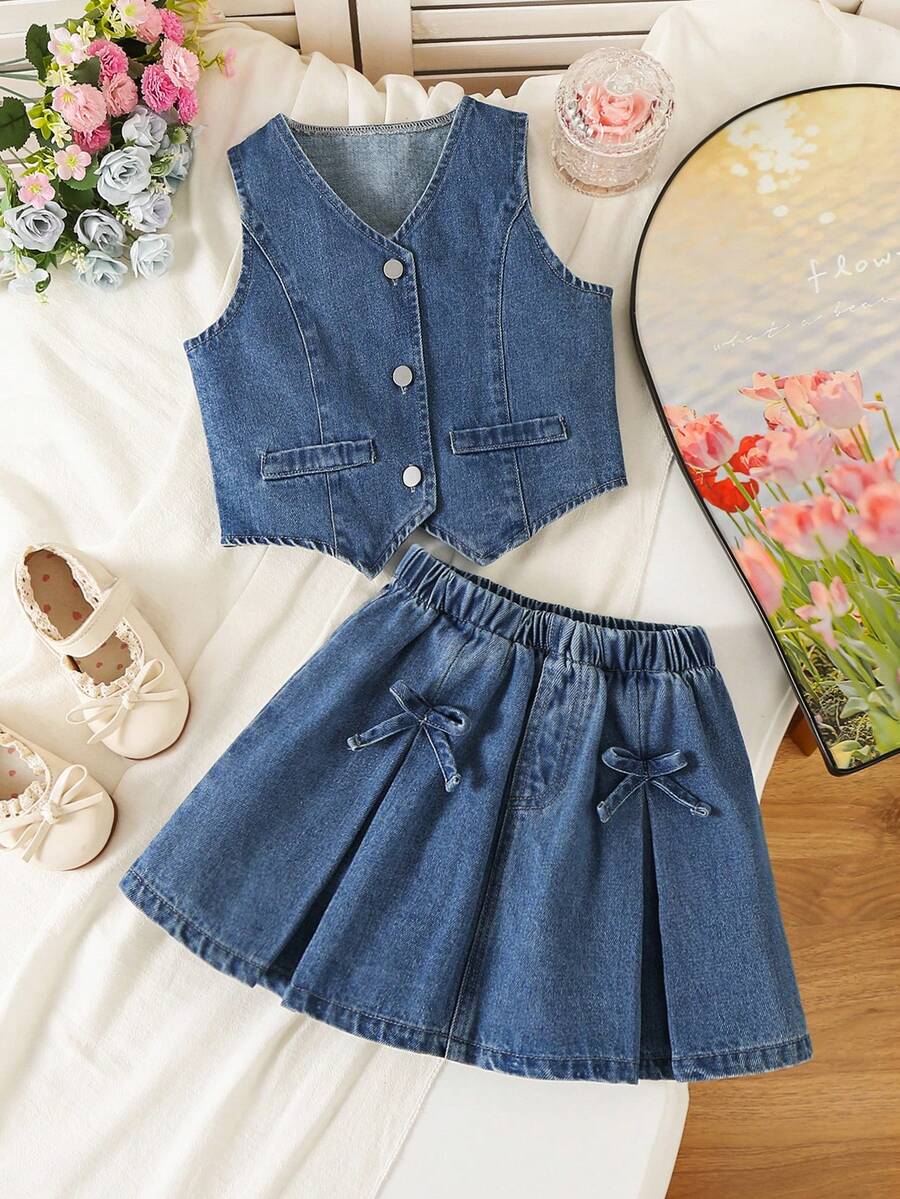 两件套女童户外休闲复古开衫背心和可爱时尚蝴蝶结百褶裙套装 - 中等水洗藍 - 查看 1