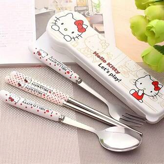 3pcs Hello Kitty Stainless Steel Travel Cutlery Set - Portable Utensils (Fork, Spoon, Chopsticks) With Case, Compact & Cute, Suitable For School, Office, Camping, Picnic - Durable, Easy To Clean