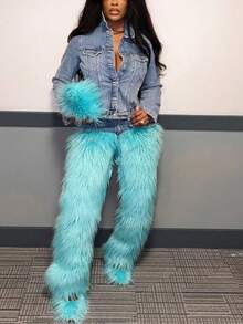 GLOURI Women's Faux Fur Jeans - High Waist Straight Leg Denim With Punk Rock Accents | Glam Night Out Pants For Weekend Parties & Evening Events (Edgy Street Style & Rocker Chic Vibes) - Hồ xanh - Xem 7