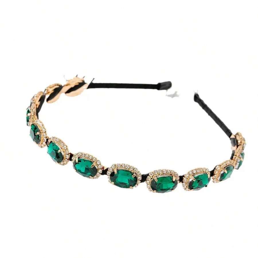 1pc Green Crystal Metal Headband With Full Rhinestones, Hairband, Hair Hoop - Multicolor - View 1