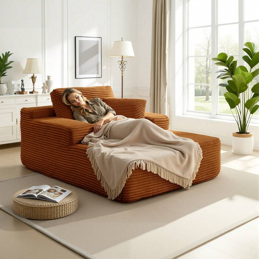 68.5" Oversized Chaise Lounge Chair, Single Sofa Chair With Comfy Corduroy Fabric, Deep Seat Sleeper Couch,Upholstered Reading Lounge Chair For Living Room, Bedroom, Frameless Design - trái cam - Xem 1