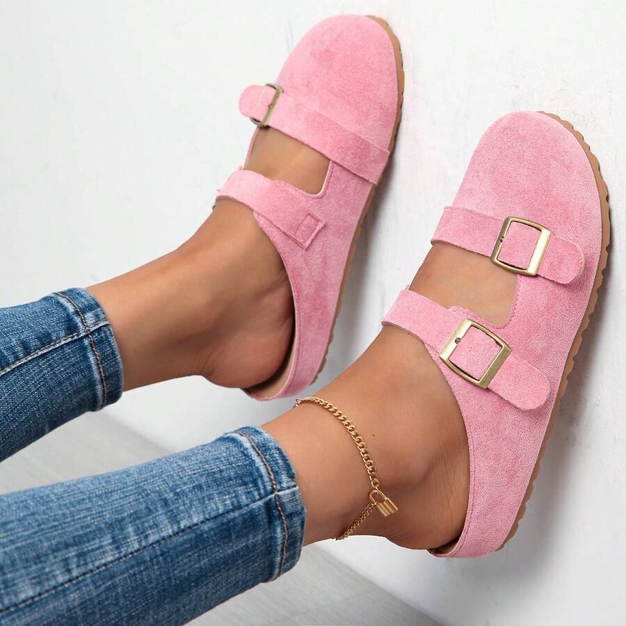 Suede Double Buckle Mule Slippers, Flat Closed-Toe Half-Slippers, Sweet And Cool Casual Everyday Slip-On Shoes. - 粉色 - 查看 1