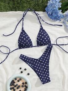 PEPPERMOLLY 新款柔软衬垫蓝白波点印花细肩带露背性感派对比基尼套装，夏季沙滩时尚女士泳装度假装 - 深藍色 - 查看 3