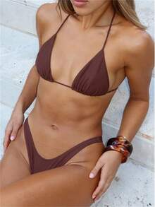 Women's Cheeky Bikini Set Halter Triangle  High Cut Triangle String Swimsuit 2 Piece Bathing Suit - Marrón - Ver 6